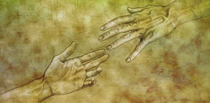 Silverpoint: Peter reaching up to Jesus "Save me"